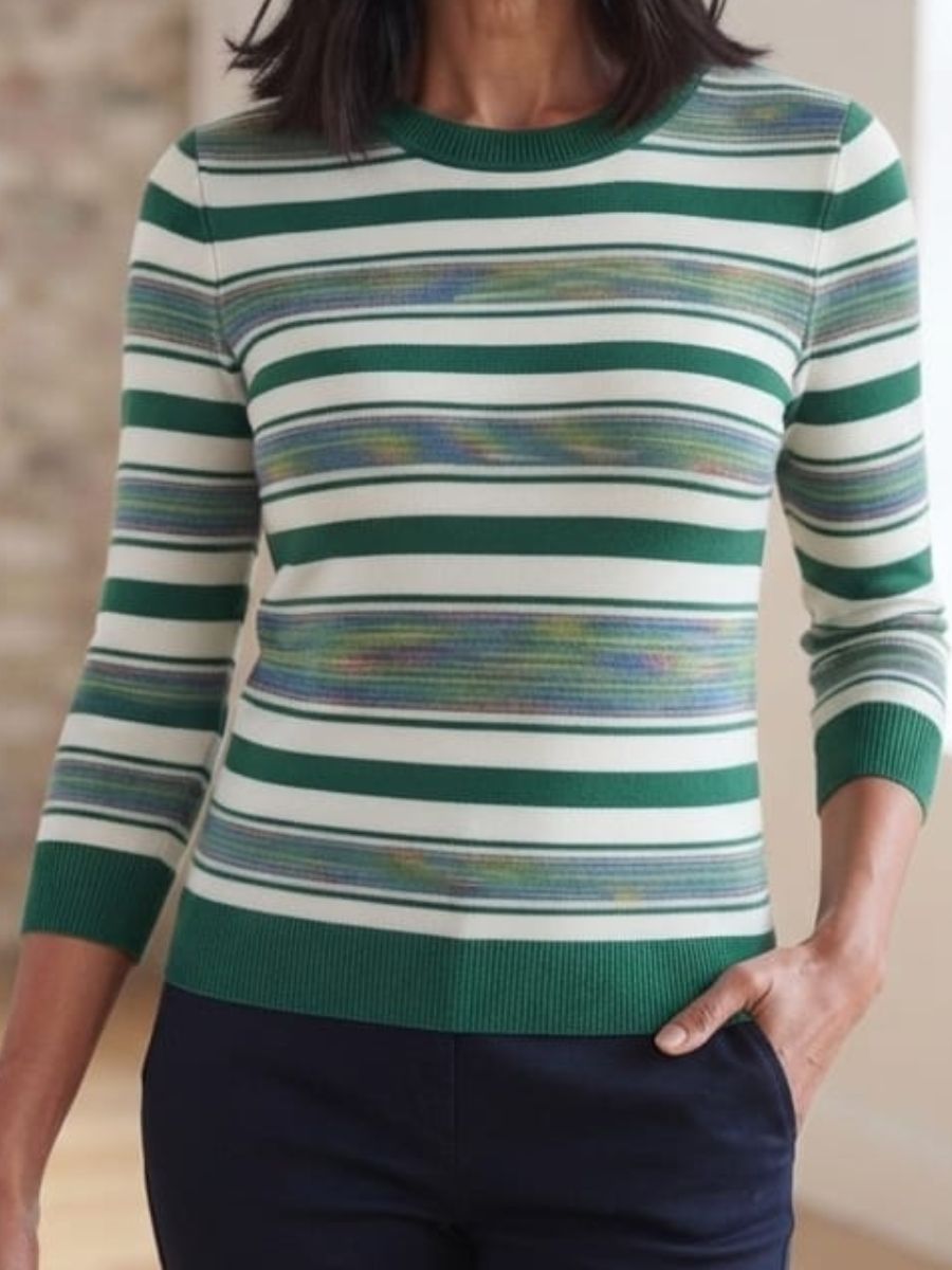 ModaFesta -your everyday wardrobe with this stylish green and white striped ribbed knit top